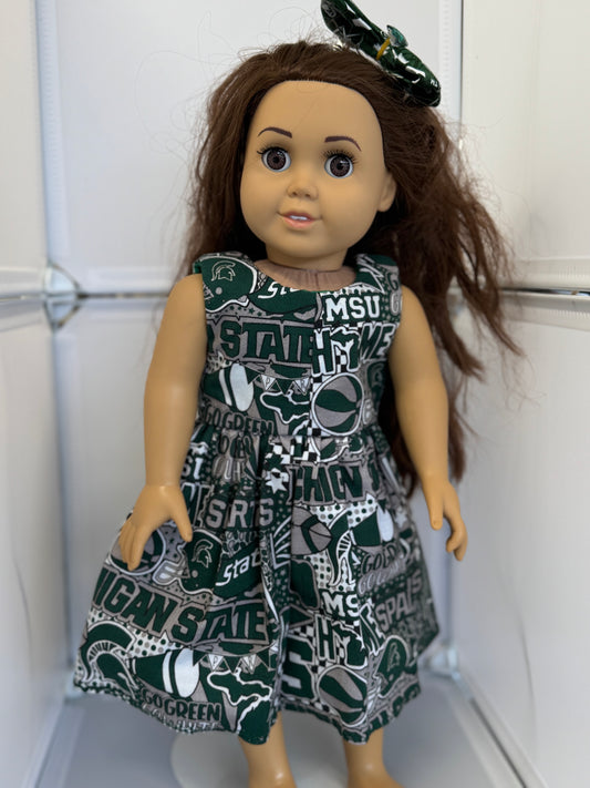 Handmade 18" Doll Clothes - Michigan State Dress & Bow