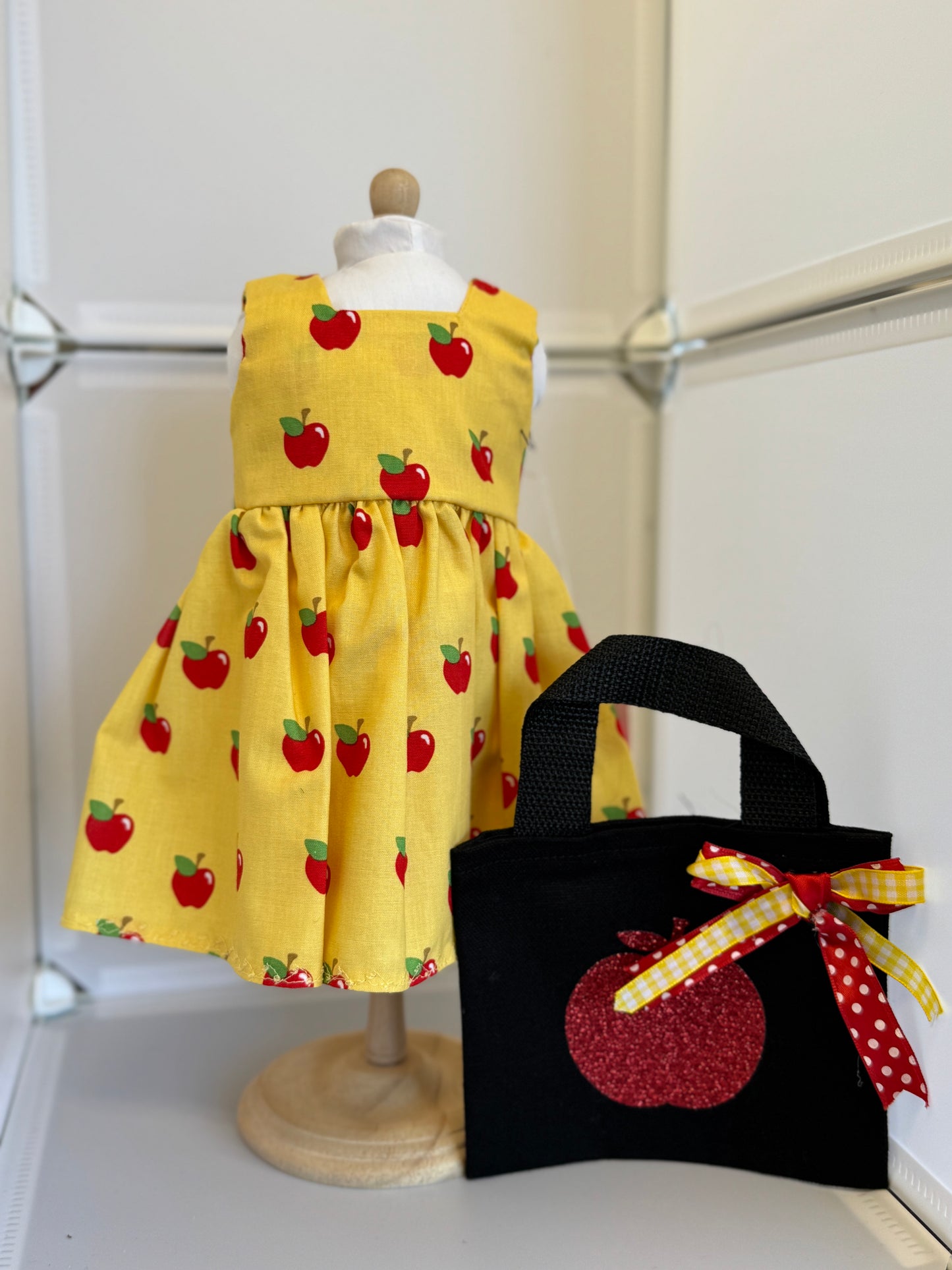 Handmade 18" Doll Clothes - Back to School Dress - Yellow Apples & Bag