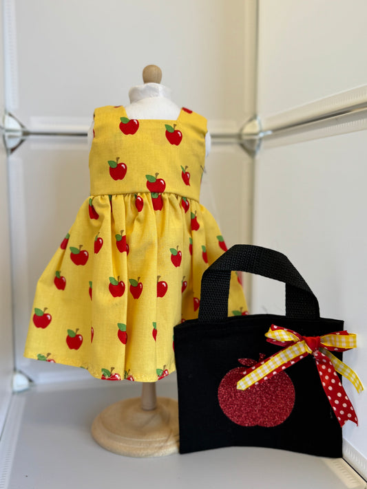 Handmade 18" Doll Clothes - Back to School Dress - Yellow Apples & Bag