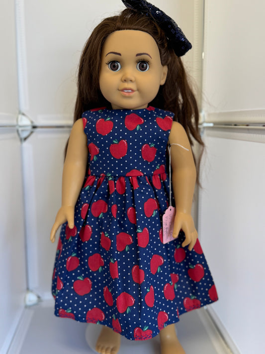 Handmade 18" Doll Clothes - Back to School Dress - Blue Apples & Bow
