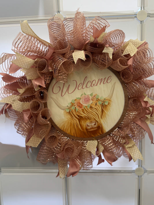Handmade Deco Mesh Wreaths - Highland Cow - Welcome