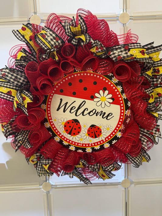 Handmade Deco Mesh Wreaths - Ladybug - Welcome