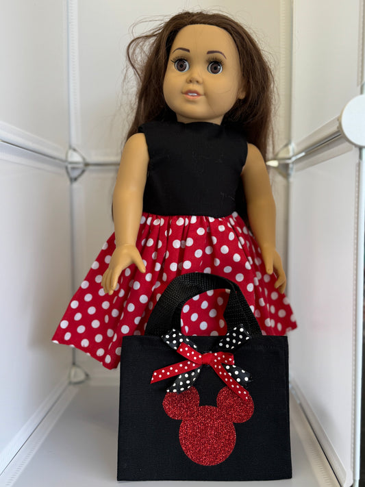 Handmade 18" Doll Clothes - Black Red & White Polka Dot Dress & Bag