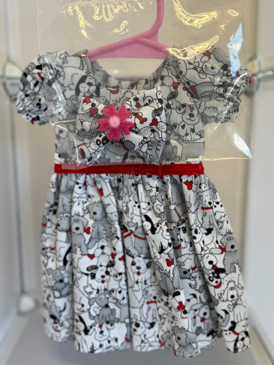 Handmade 18" Doll Clothes – Black, White & Red Dog Dress w/ Bow