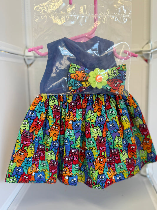 Handmade 18" Doll Clothes – Blue Bright Cat Dress w/ Bow