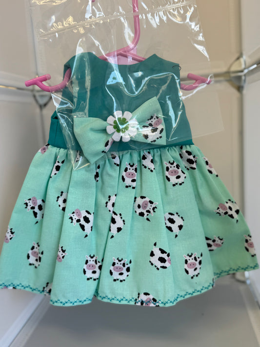 Handmade 18" Doll Clothes – Teal Cow Dress w/ Bow