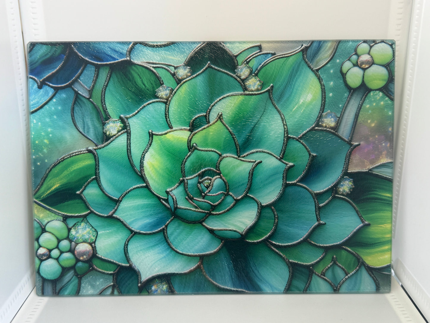 Custom 8" x 11" Glass Cutting Board – Personalized Kitchen Decor - Green Floral