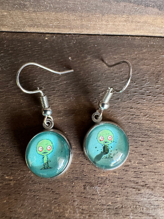 Handmade Aluminum & Glass Earrings - Green Alien