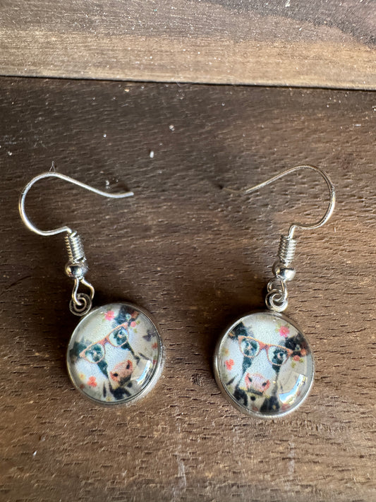Handmade Aluminum & Glass Earrings - Cow with Glasses