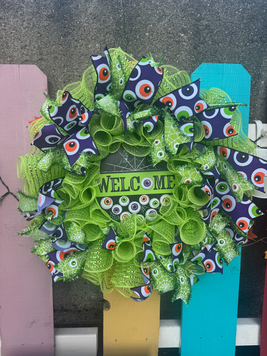 Handmade Deco Mesh Wreaths - Welcome Spooky Eyeballs - Halloween
