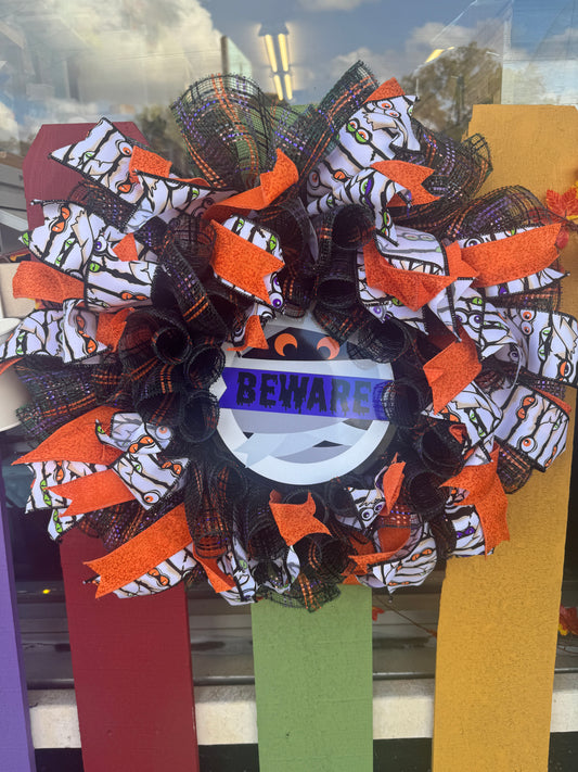Handmade Deco Mesh Wreaths - Beware Mummy - Halloween