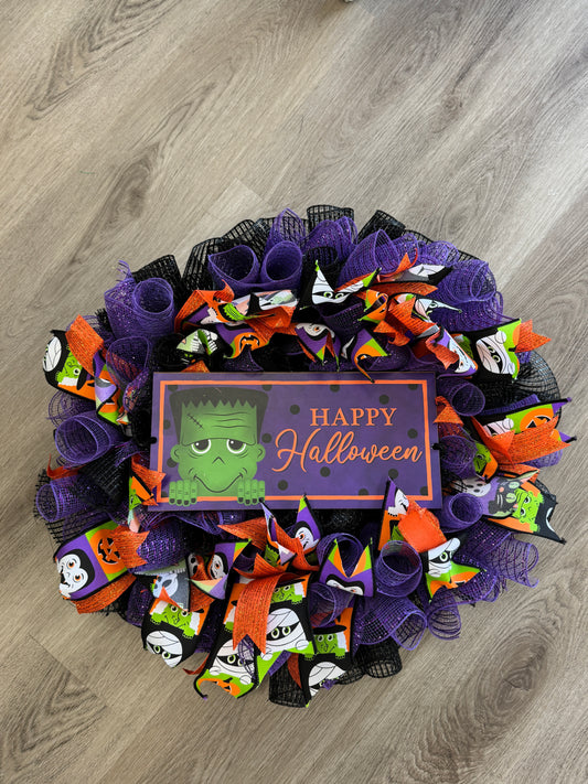 Handmade Deco Mesh Wreaths - Happy Halloween -Frankenstein