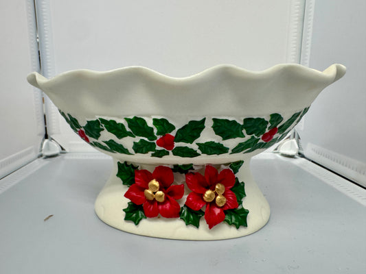 Holiday Poinsettia & Holly Pedestal Bowl