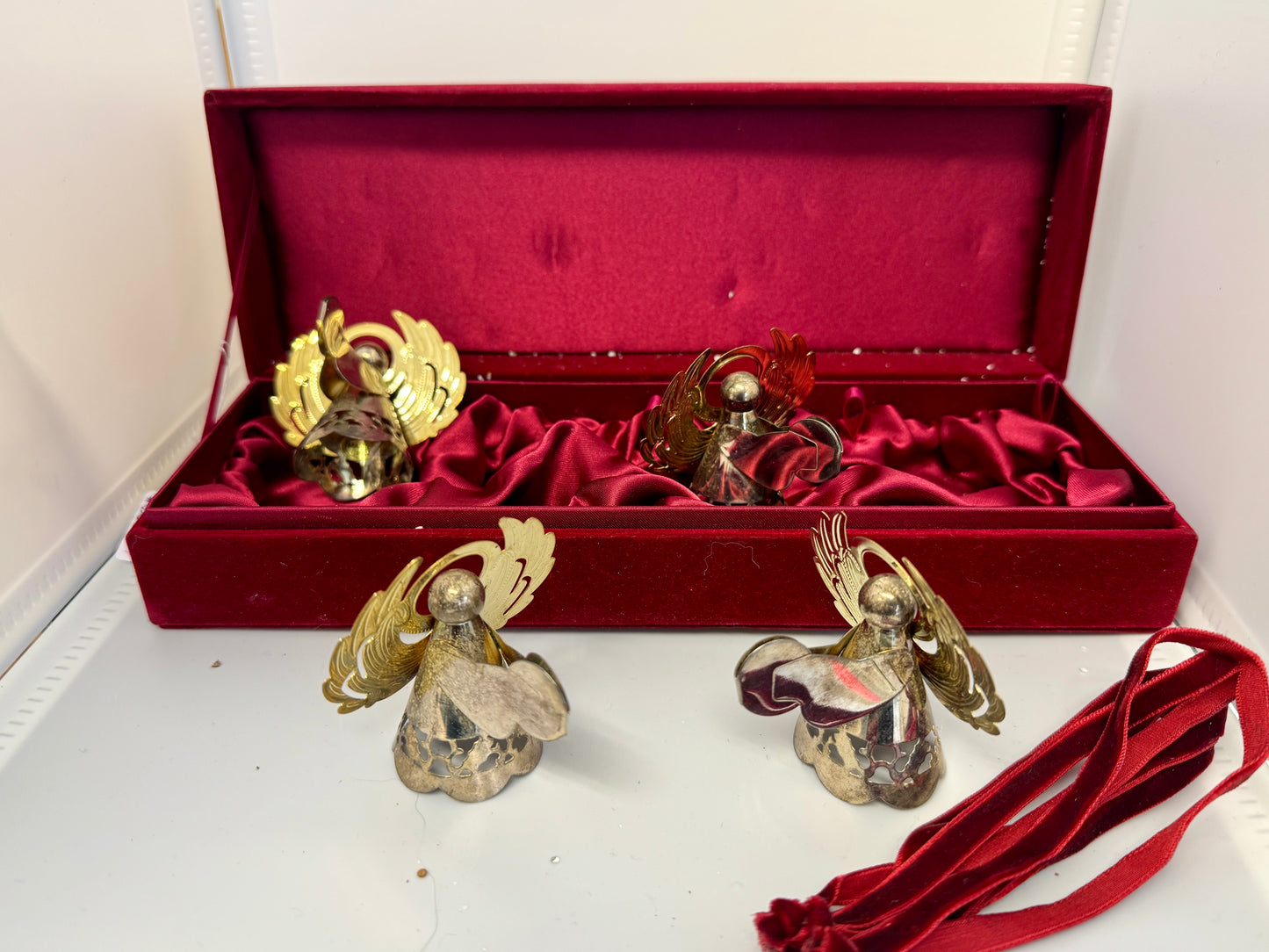 Vintage Brass & Silver Angel Ornament Set (4-Piece with Velvet Box)