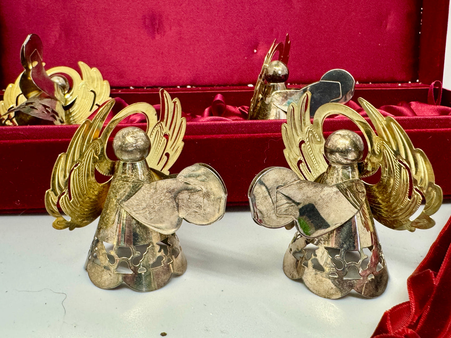 Vintage Brass & Silver Angel Ornament Set (4-Piece with Velvet Box)