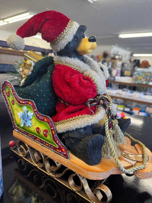 Santa Bear in Sleigh Figurine – Handcrafted Christmas Décor (16" x 13")