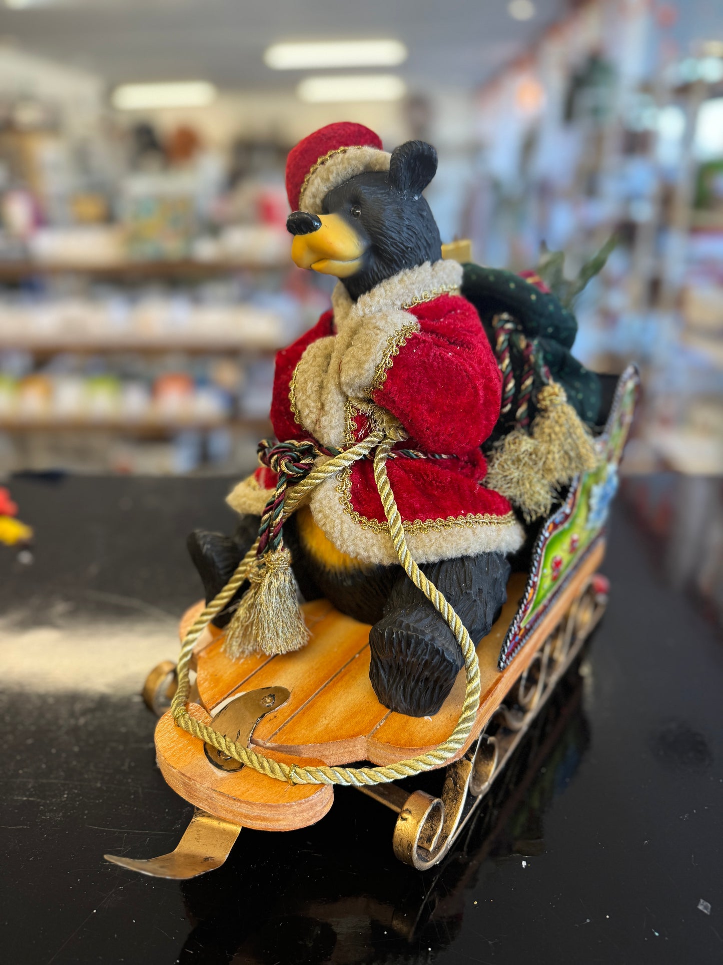 Santa Bear in Sleigh Figurine – Handcrafted Christmas Décor (16" x 13")