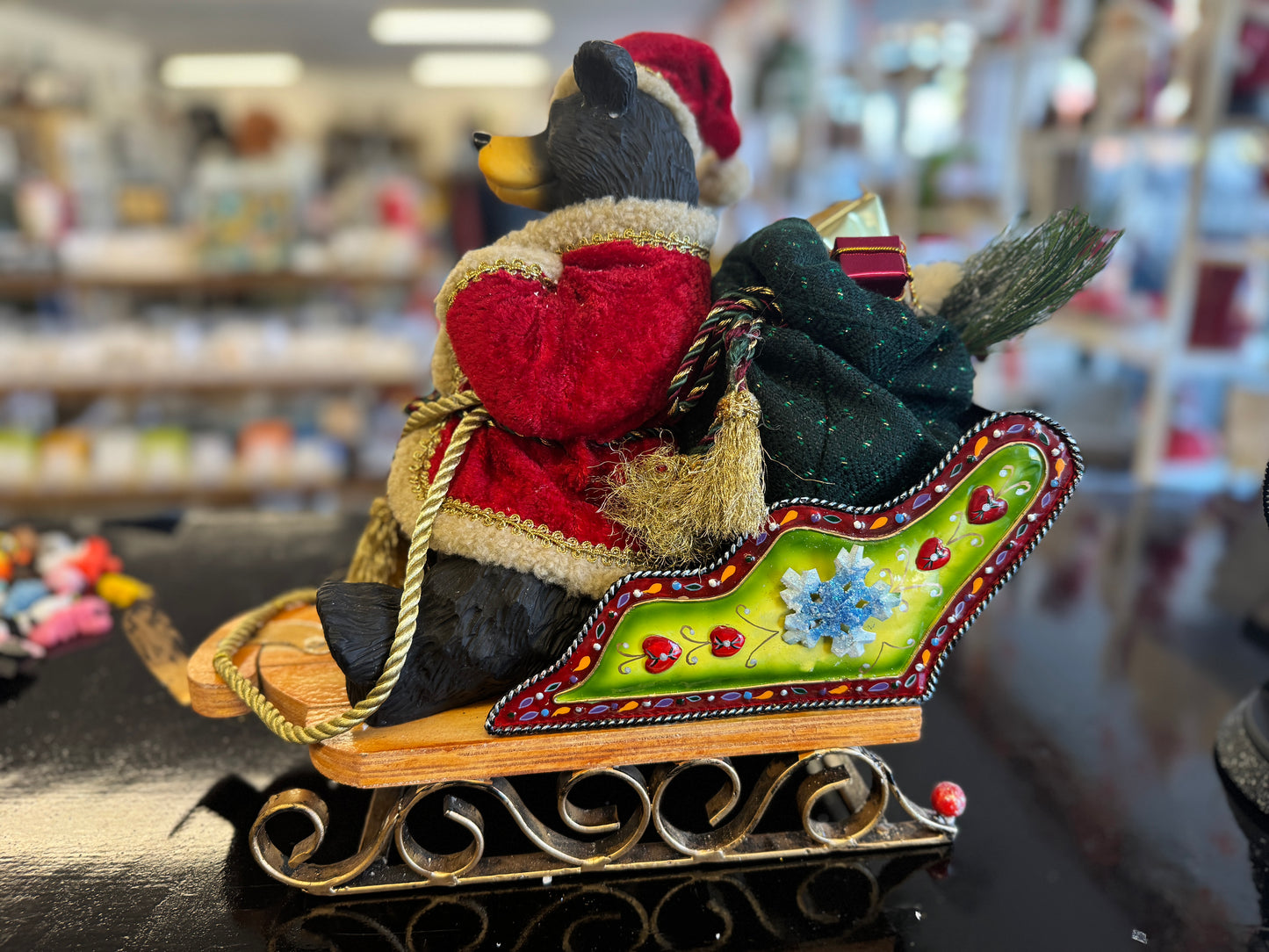 Santa Bear in Sleigh Figurine – Handcrafted Christmas Décor (16" x 13")