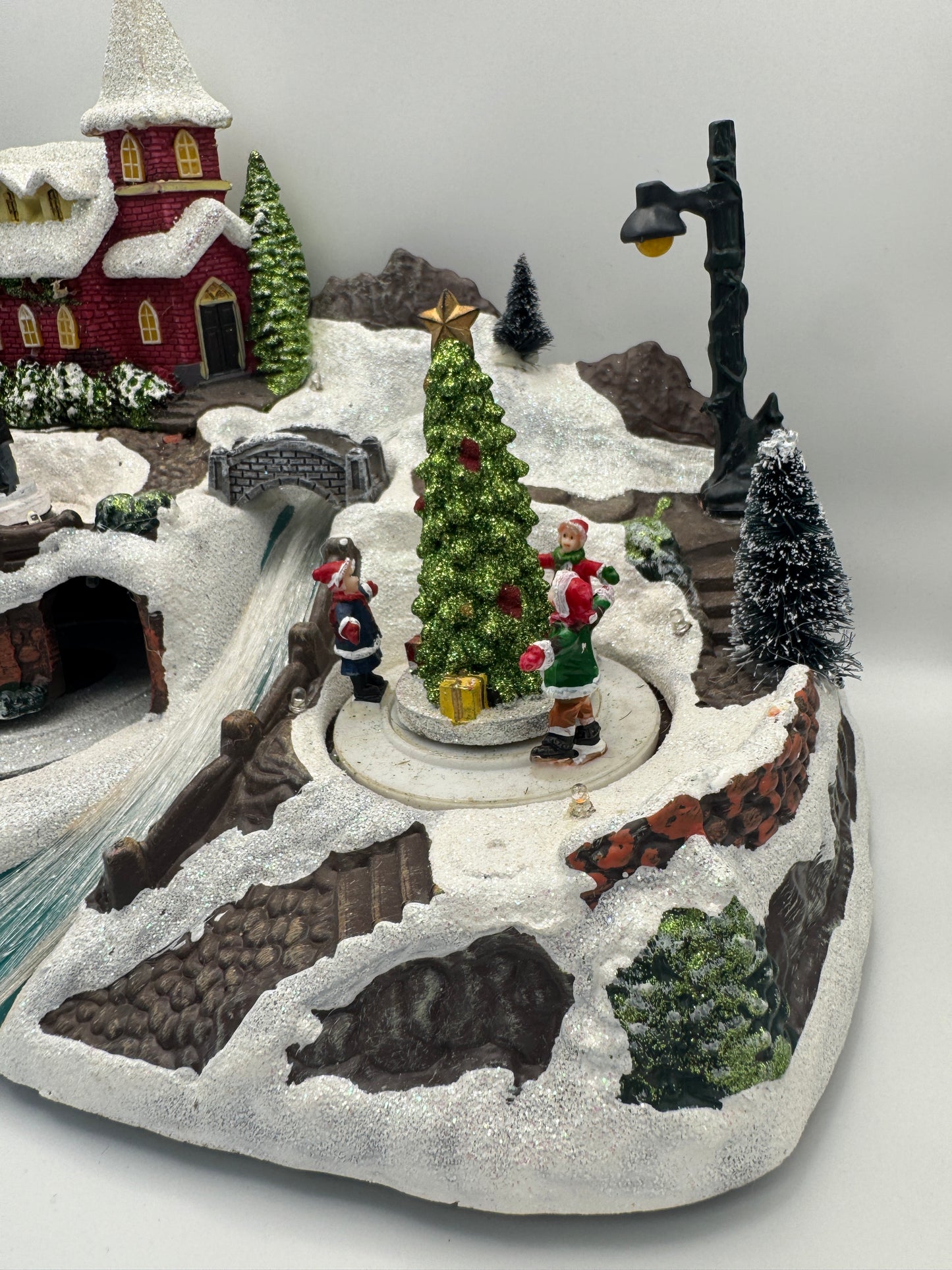 Animated Musical Christmas Village – Lighted Church Scene with Moving Train & Carolers