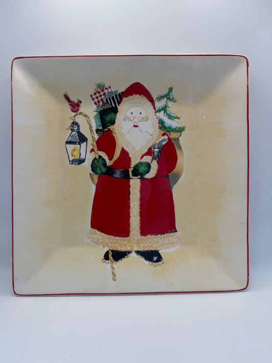 Hand-Painted Santa Christmas Serving Platter – 9" x 9" Square Holiday Plate