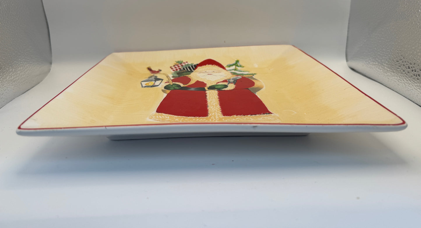 Hand-Painted Santa Christmas Serving Platter – 9" x 9" Square Holiday Plate