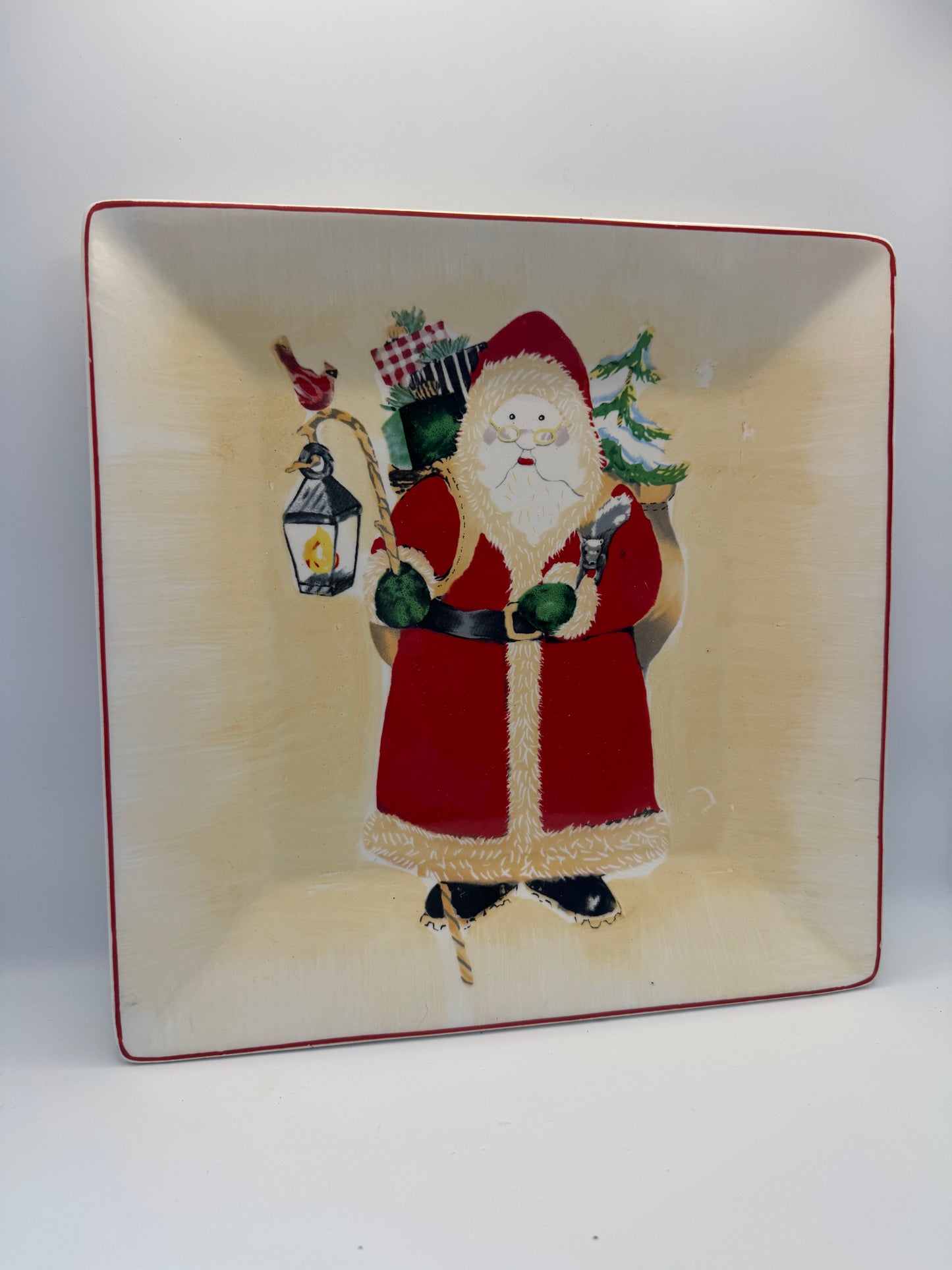 Hand-Painted Santa Christmas Serving Platter – 9" x 9" Square Holiday Plate