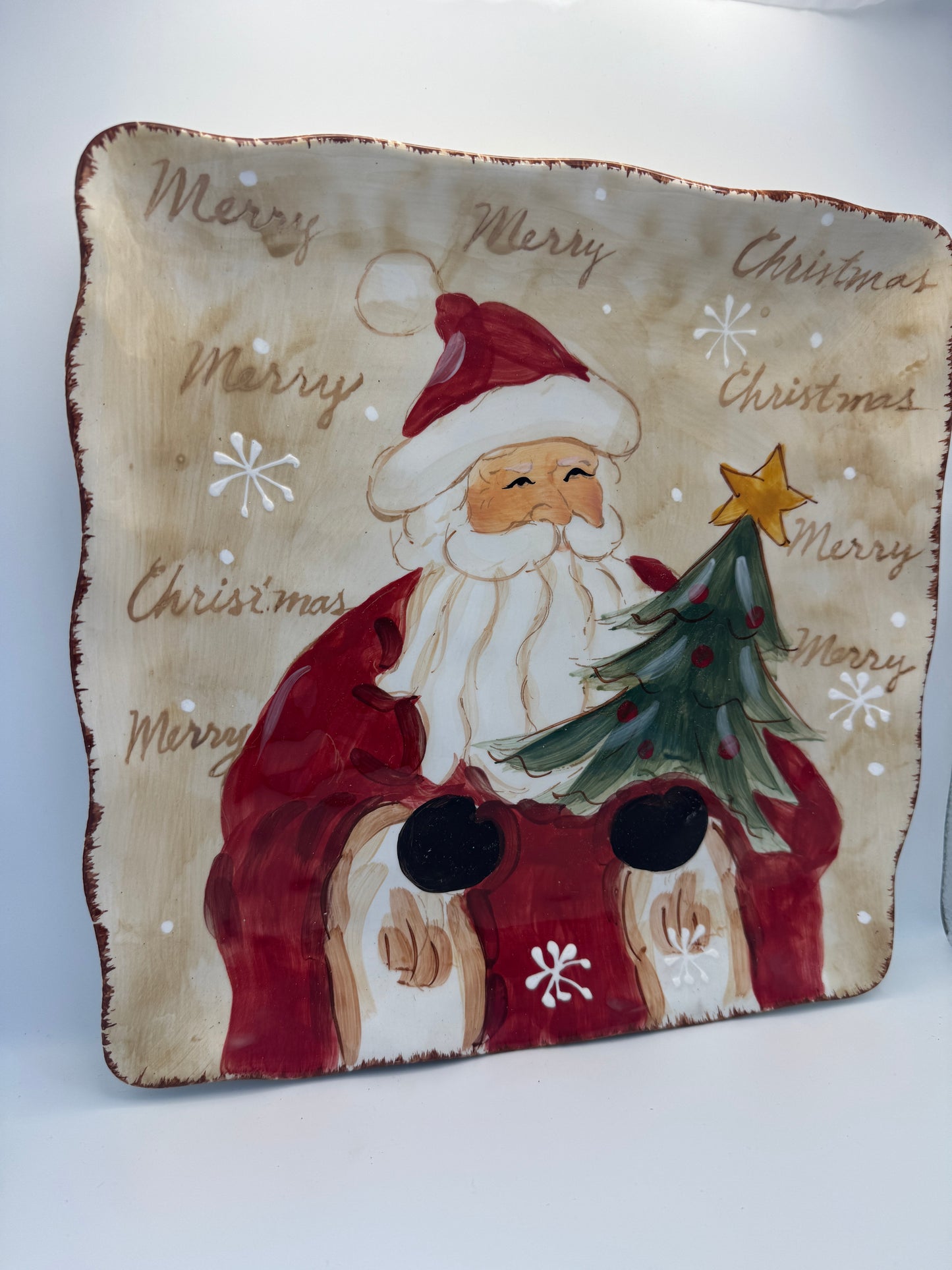 Vintage MaxCera Woodland Santa Large Square Serving Plate – 11.5"