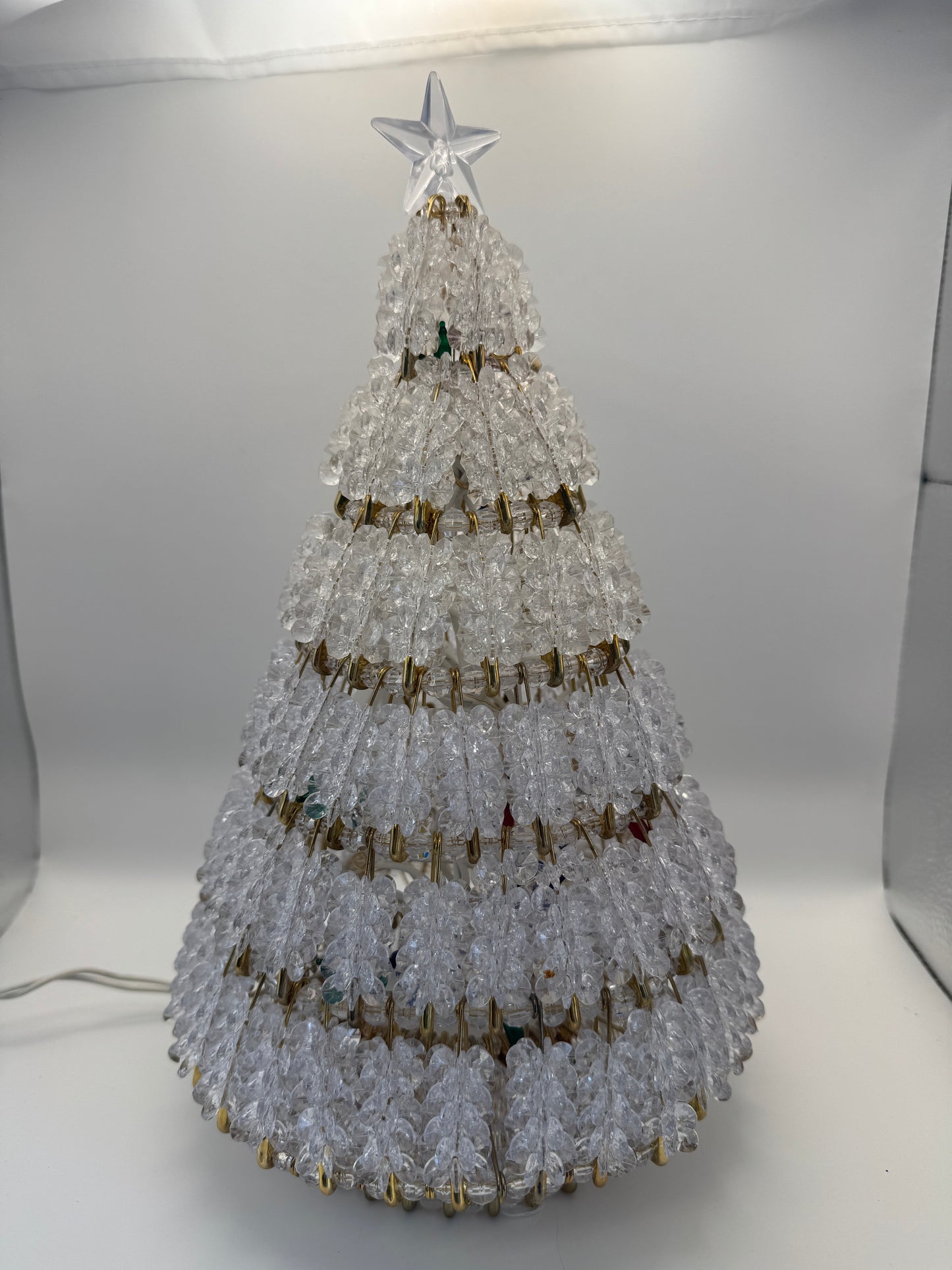 Vintage Safety Pin Christmas Tree – 13" Handmade with Clear Beads & Lights
