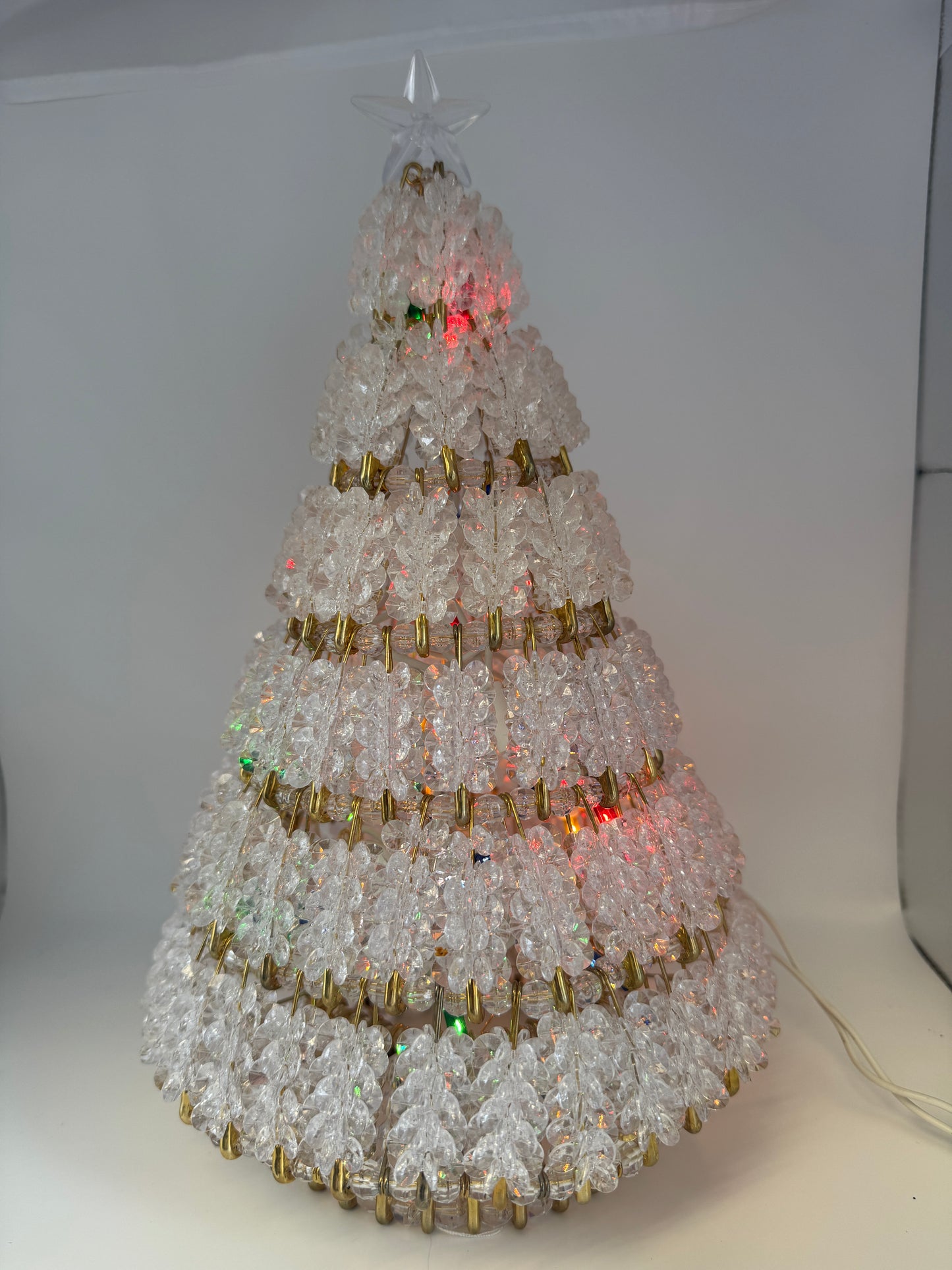 Vintage Safety Pin Christmas Tree – 13" Handmade with Clear Beads & Lights