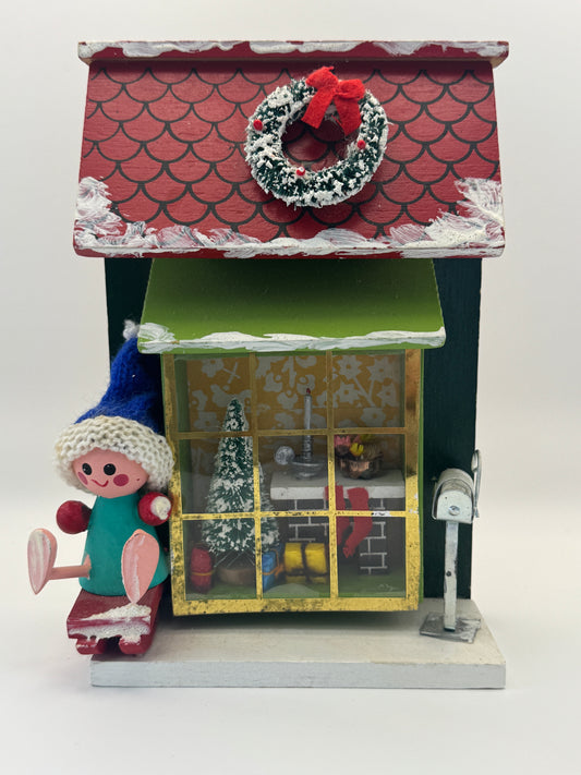 Vintage Putz House Christmas Decoration – Miniature Cardboard House with Elf & Fireplace Scene