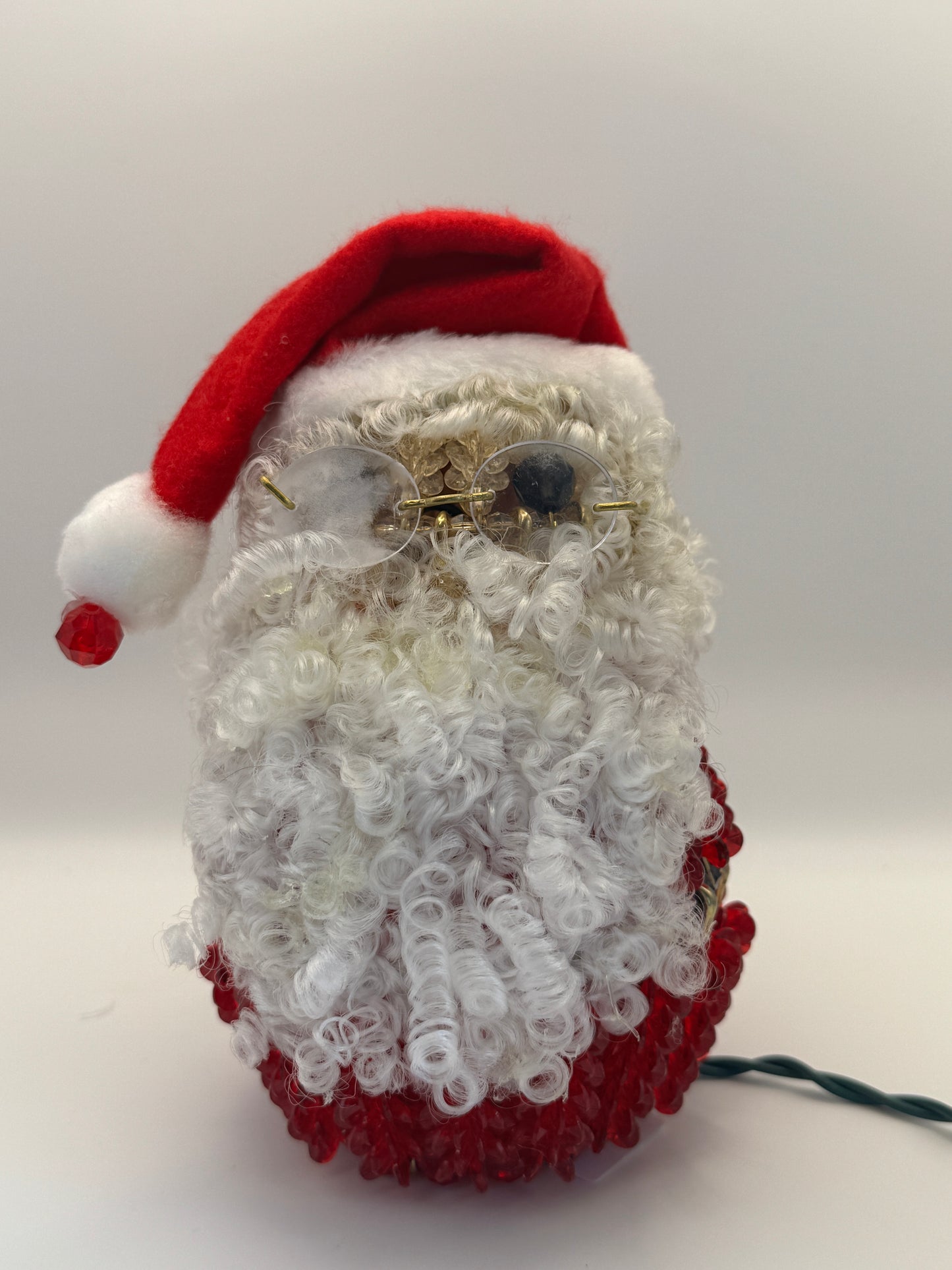 Vintage Beaded Safety Pin Santa – 7.5" Handmade Light-Up Christmas Figure