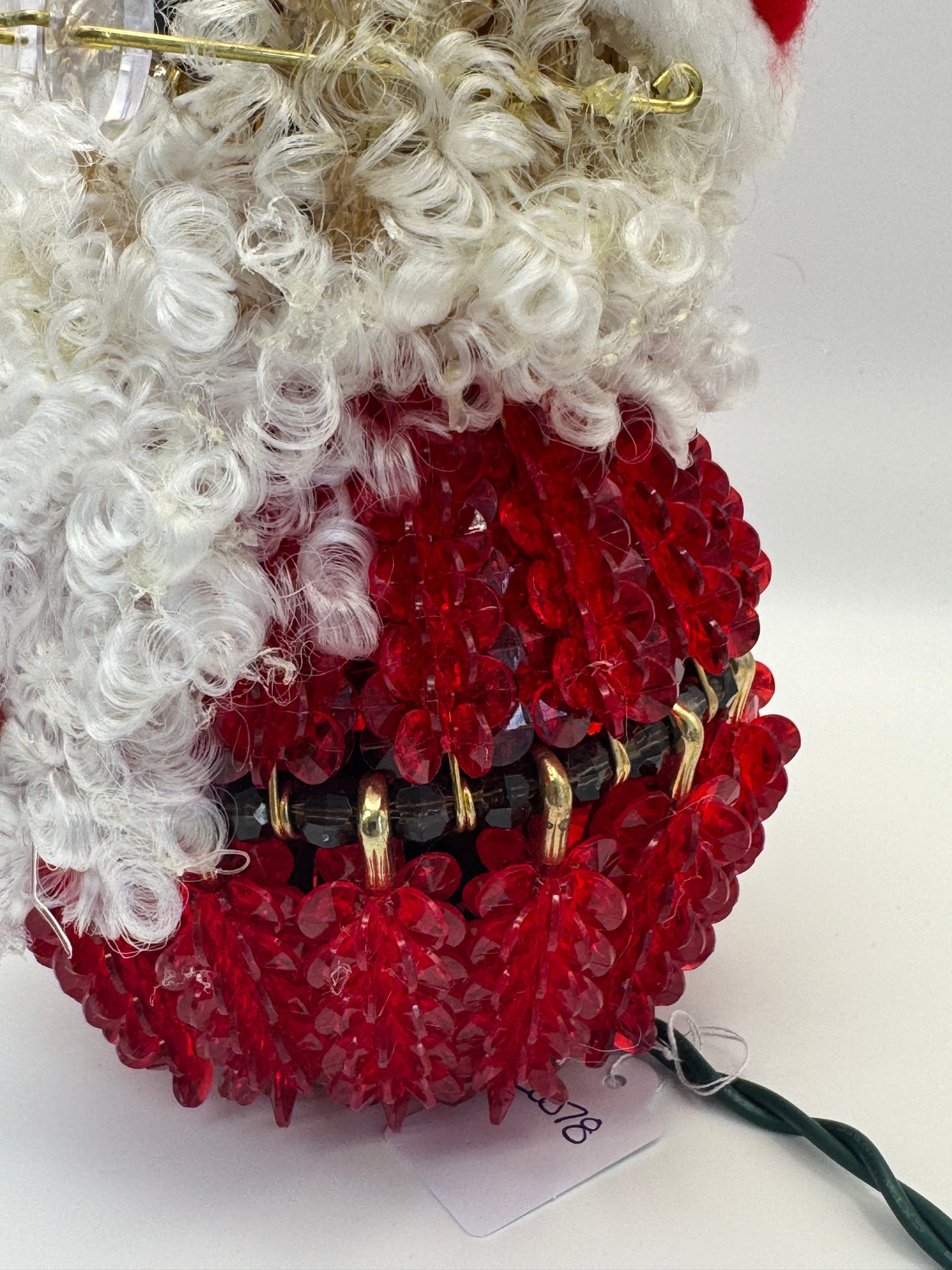 Vintage Beaded Safety Pin Santa – 7.5" Handmade Light-Up Christmas Figure