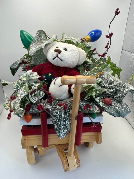 Vintage Teddy Bear Christmas Centerpiece in Wooden Wagon – Festive Holiday Décor