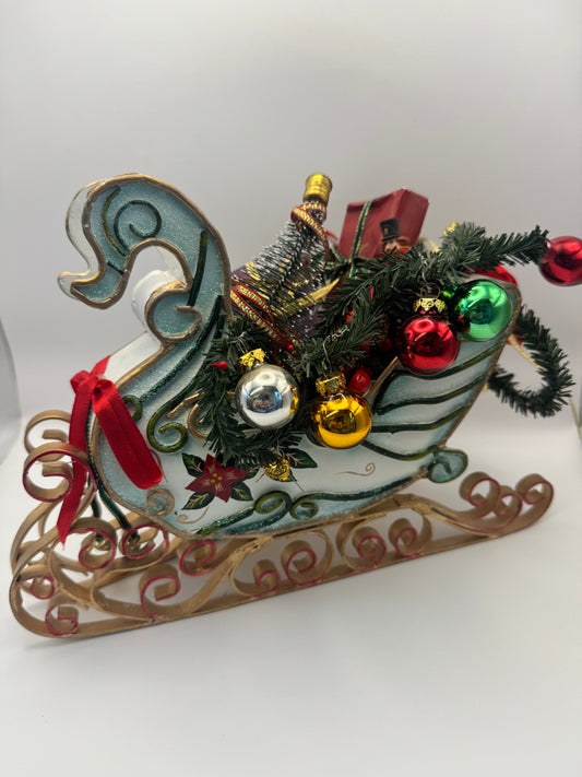 Festive Christmas Sleigh Tabletop Decoration – Blue & Green Glitter Sleigh with Gifts and Tree