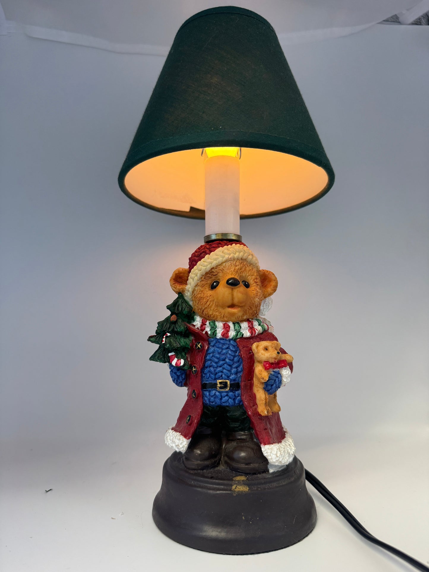 Vintage Christmas Teddy Bear Lamp / Night Light / Santa / 11" Resin