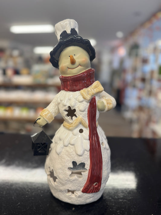 Kirkland’s Potters Garden Snowman Figurine with Lantern – 14.5" Ceramic Candle Holder