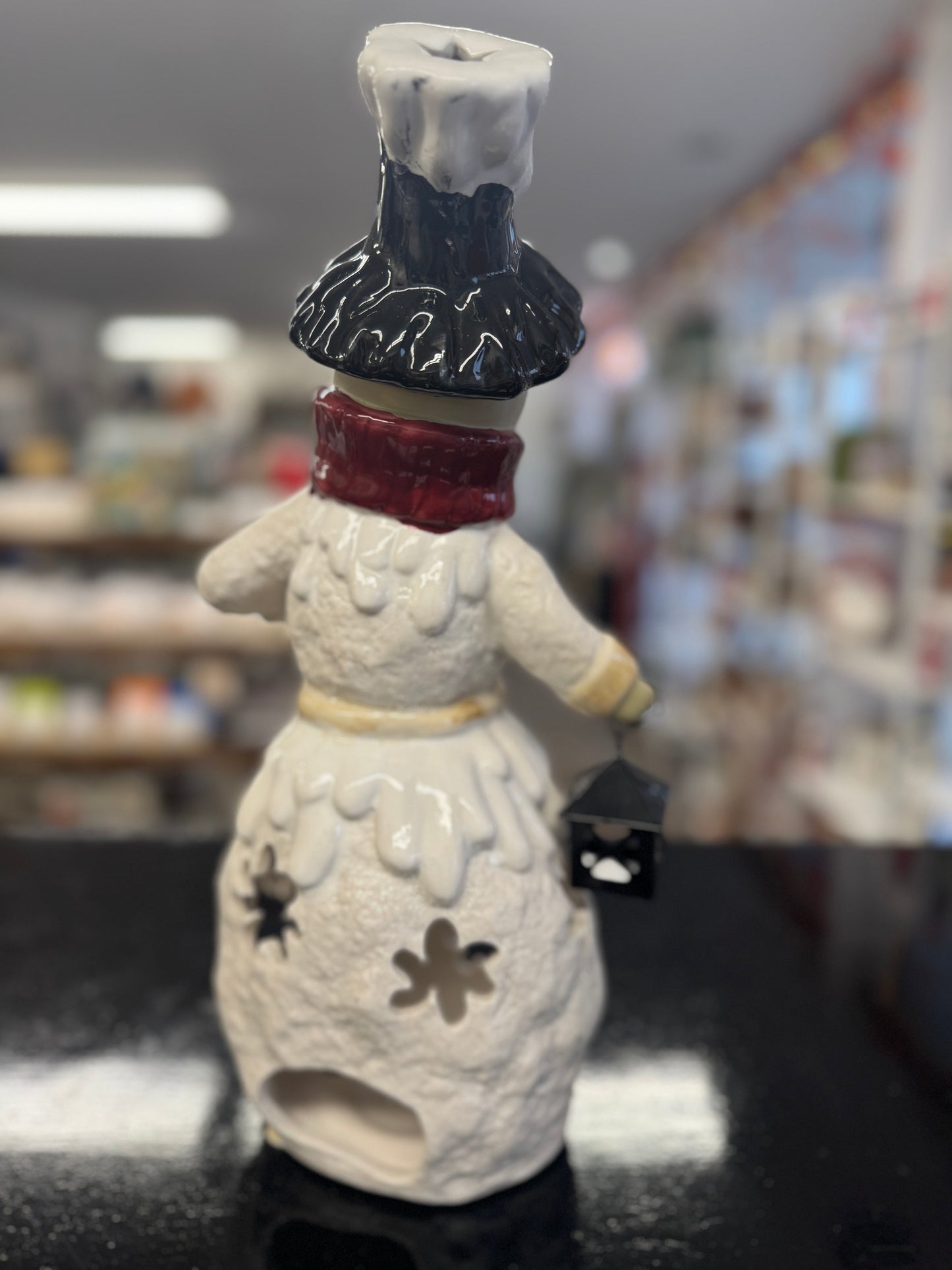 Kirkland’s Potters Garden Snowman Figurine with Lantern – 14.5" Ceramic Candle Holder
