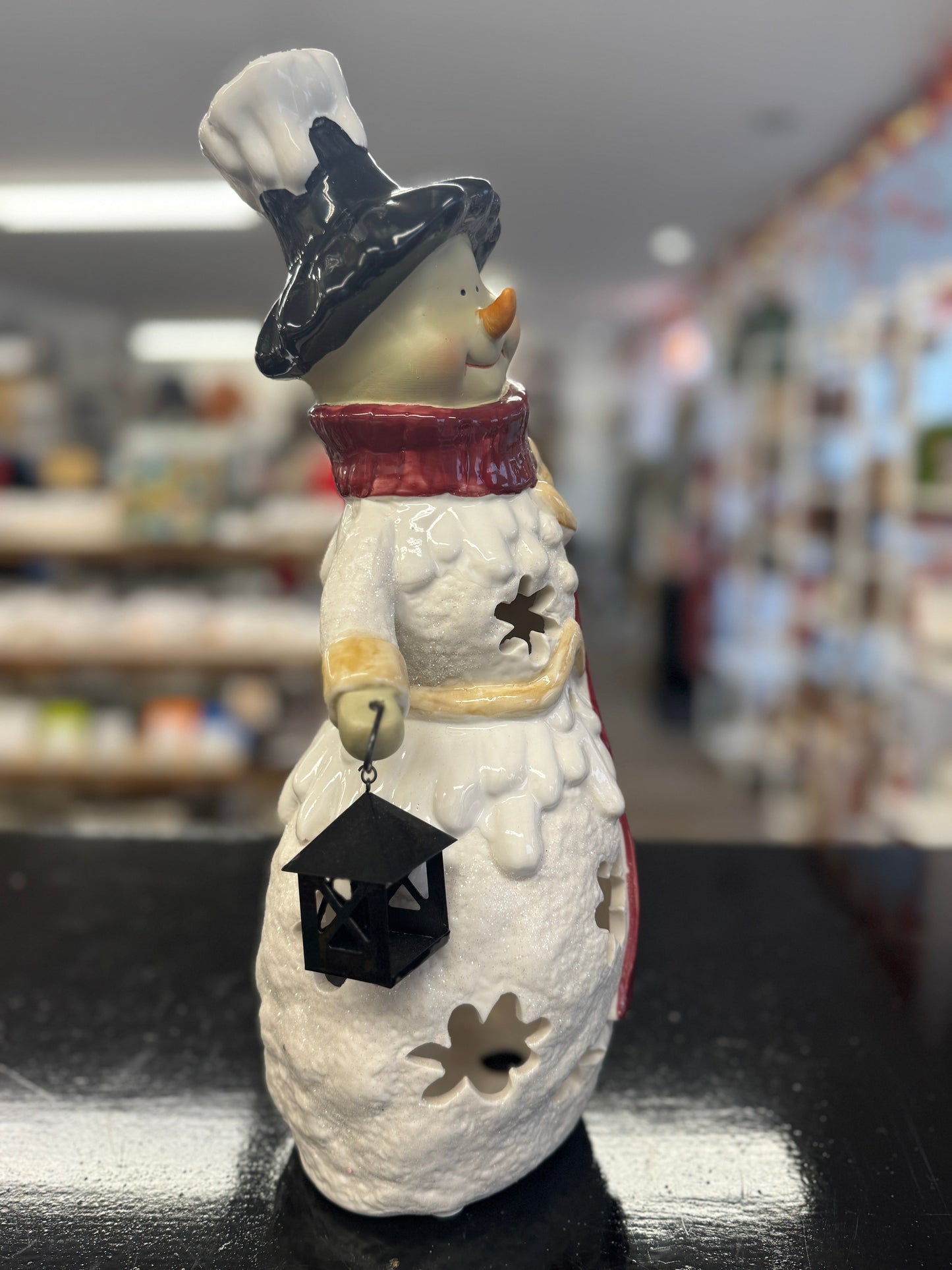 Kirkland’s Potters Garden Snowman Figurine with Lantern – 14.5" Ceramic Candle Holder