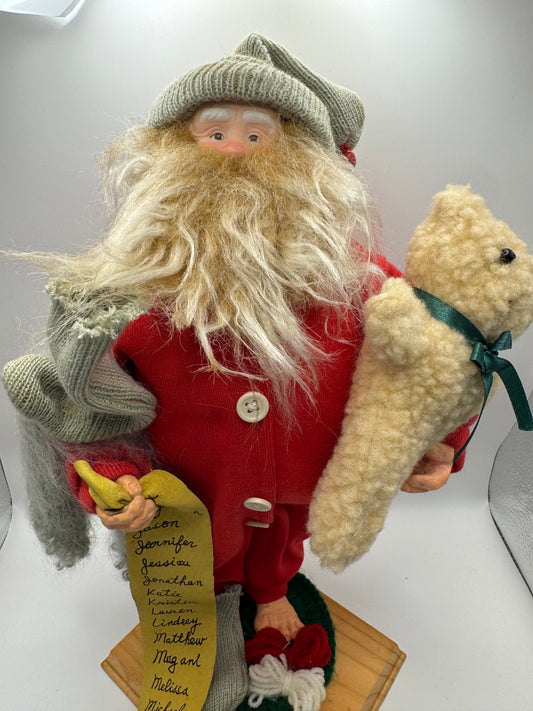 Karen Didion Crakewood Collection Santa with Teddy Bear & List Figurine – 12"