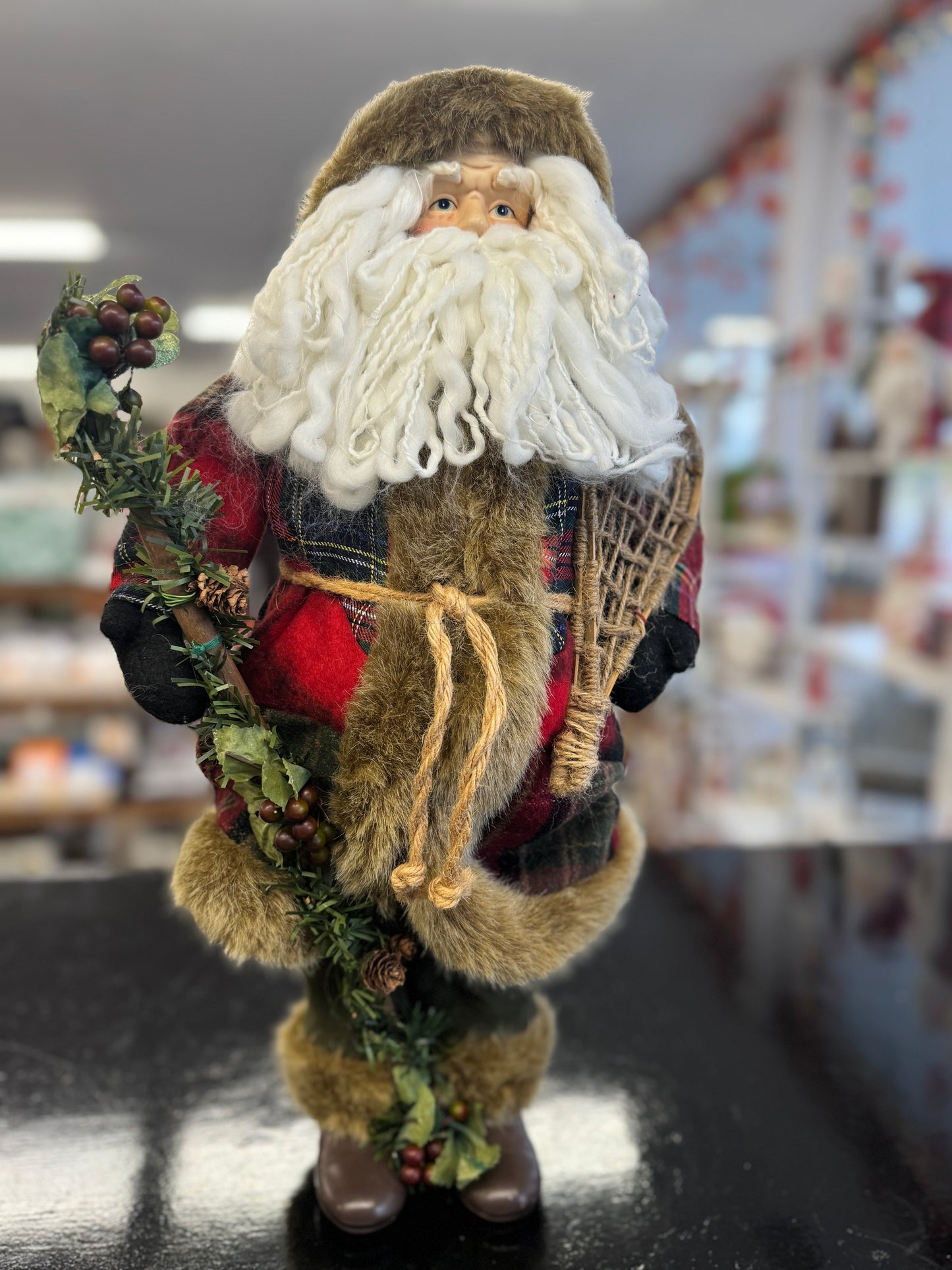 Woodland Santa Figurine with Plaid and Holiday Greens