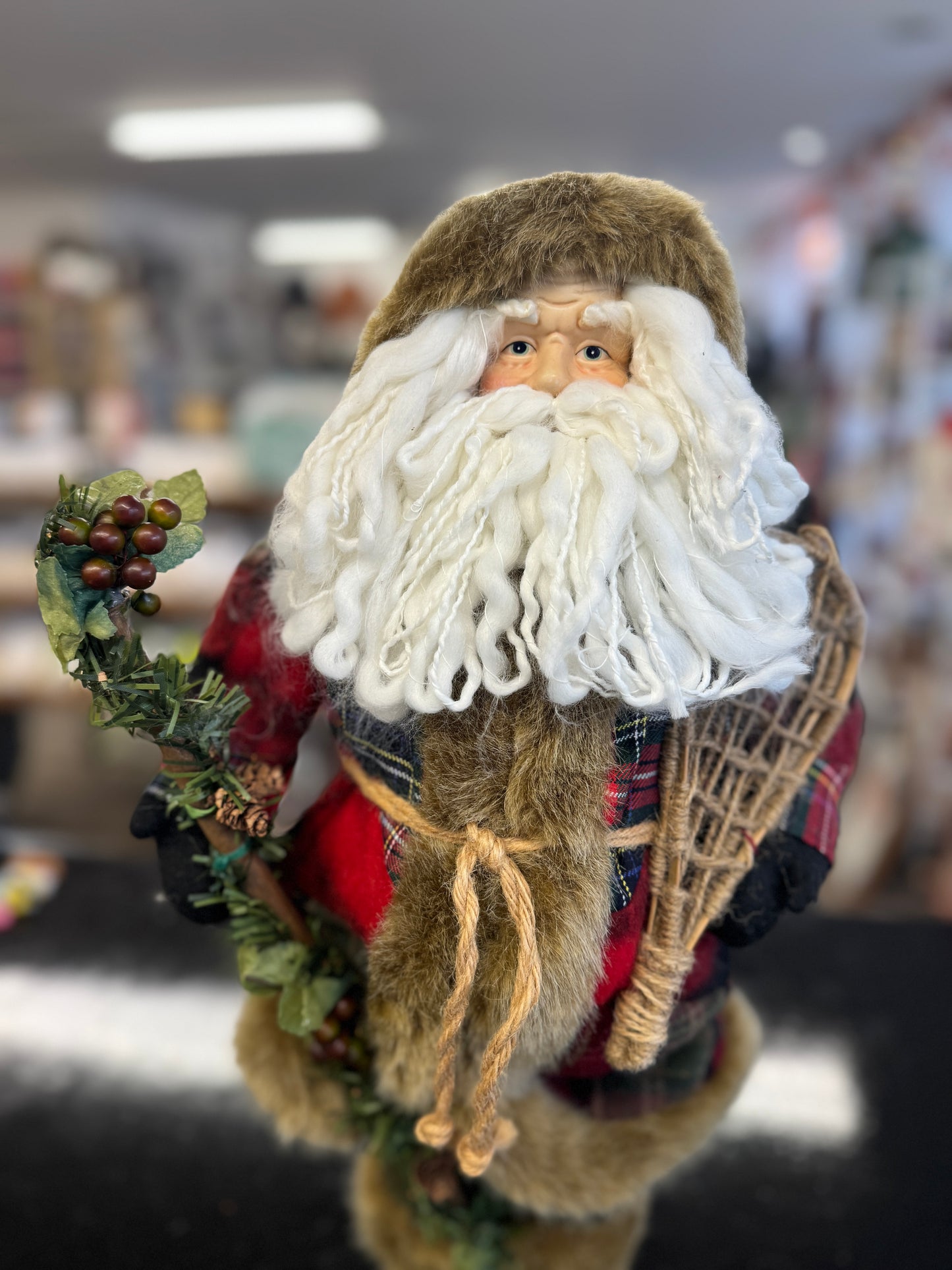 Woodland Santa Figurine with Plaid and Holiday Greens