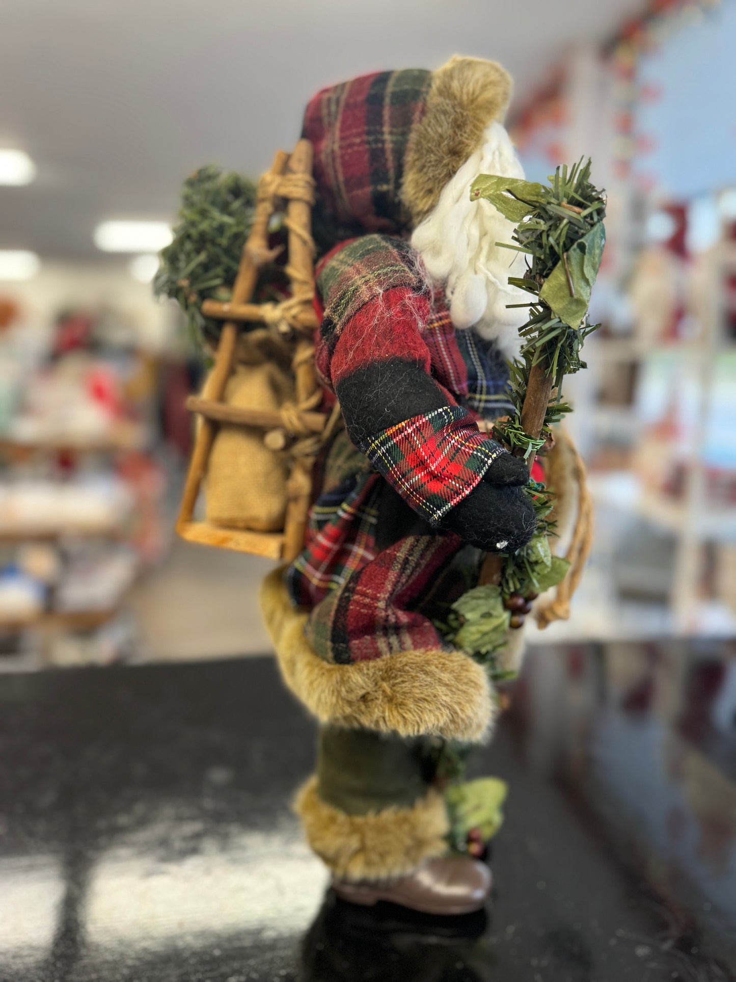 Woodland Santa Figurine with Plaid and Holiday Greens