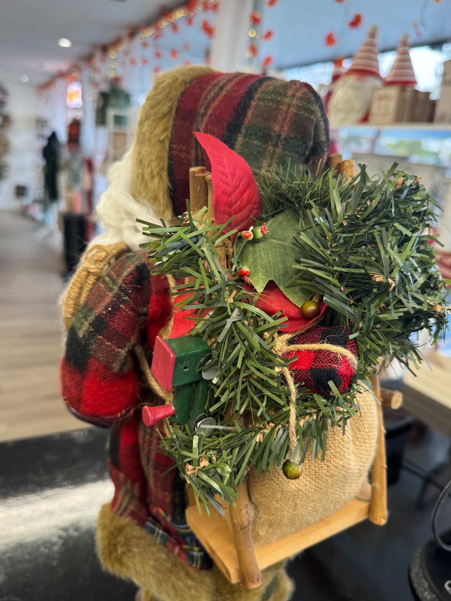 Woodland Santa Figurine with Plaid and Holiday Greens