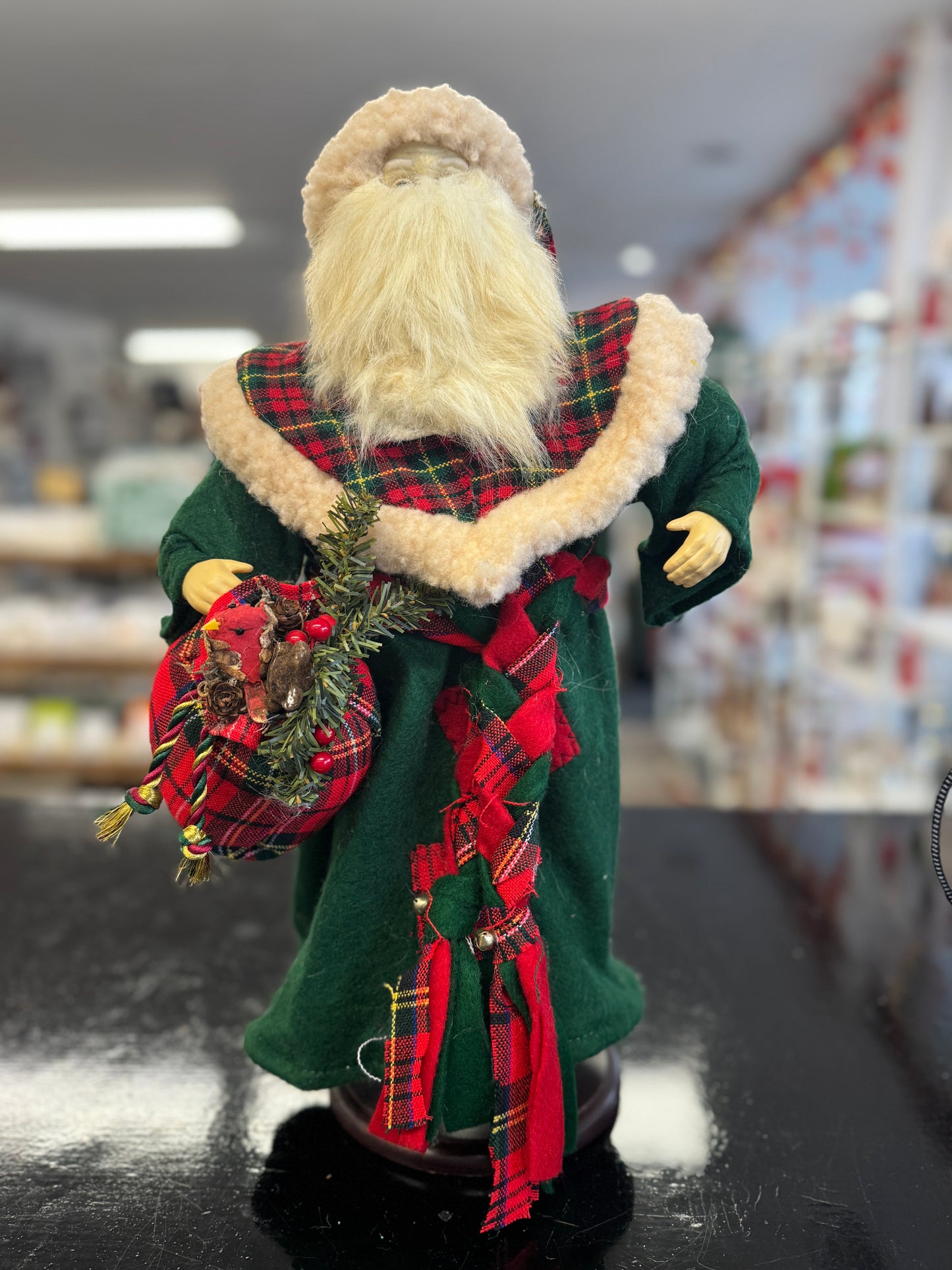 Woodland Santa Figurine with Plaid Coat and Holiday Greens