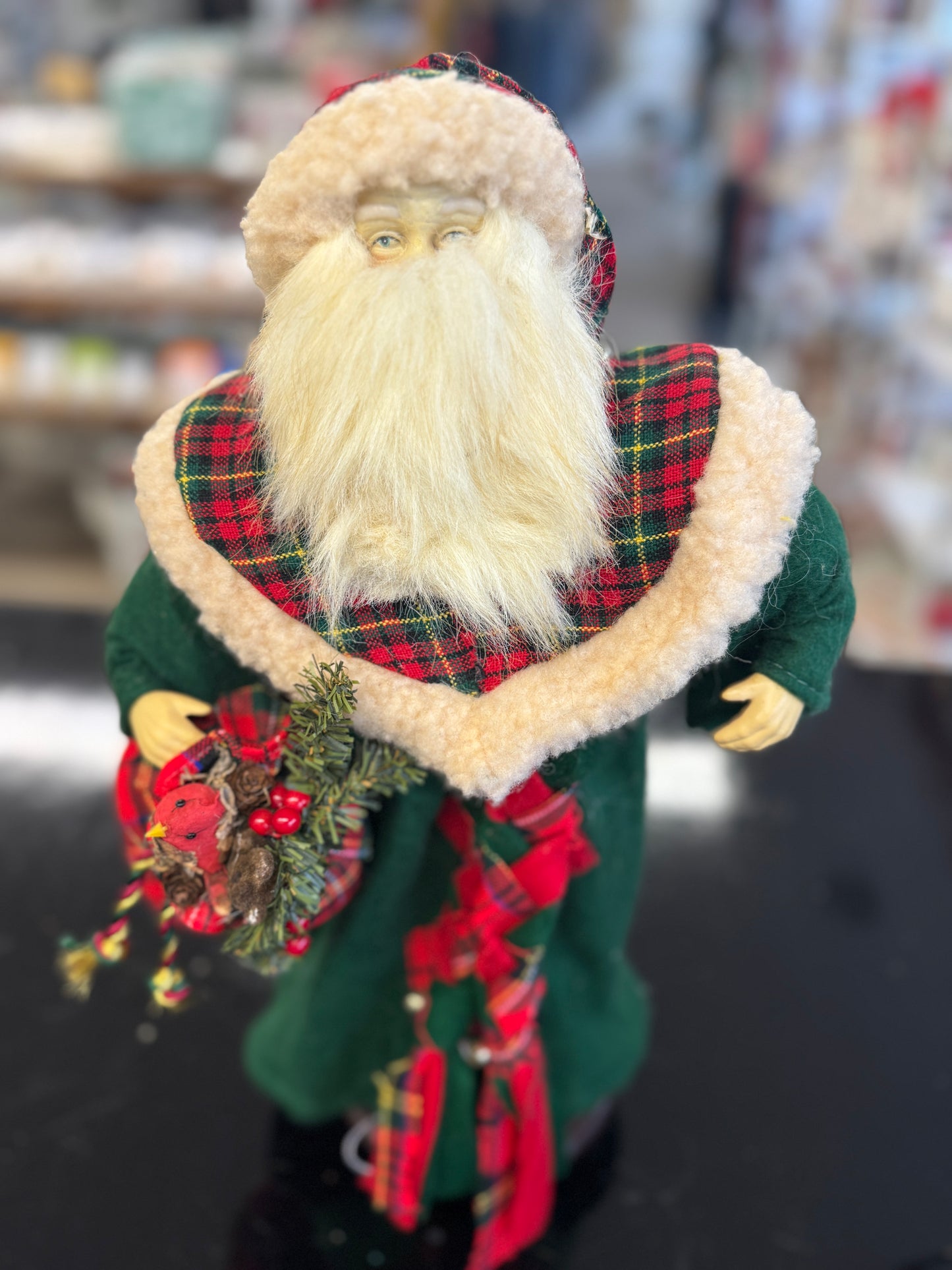 Woodland Santa Figurine with Plaid Coat and Holiday Greens