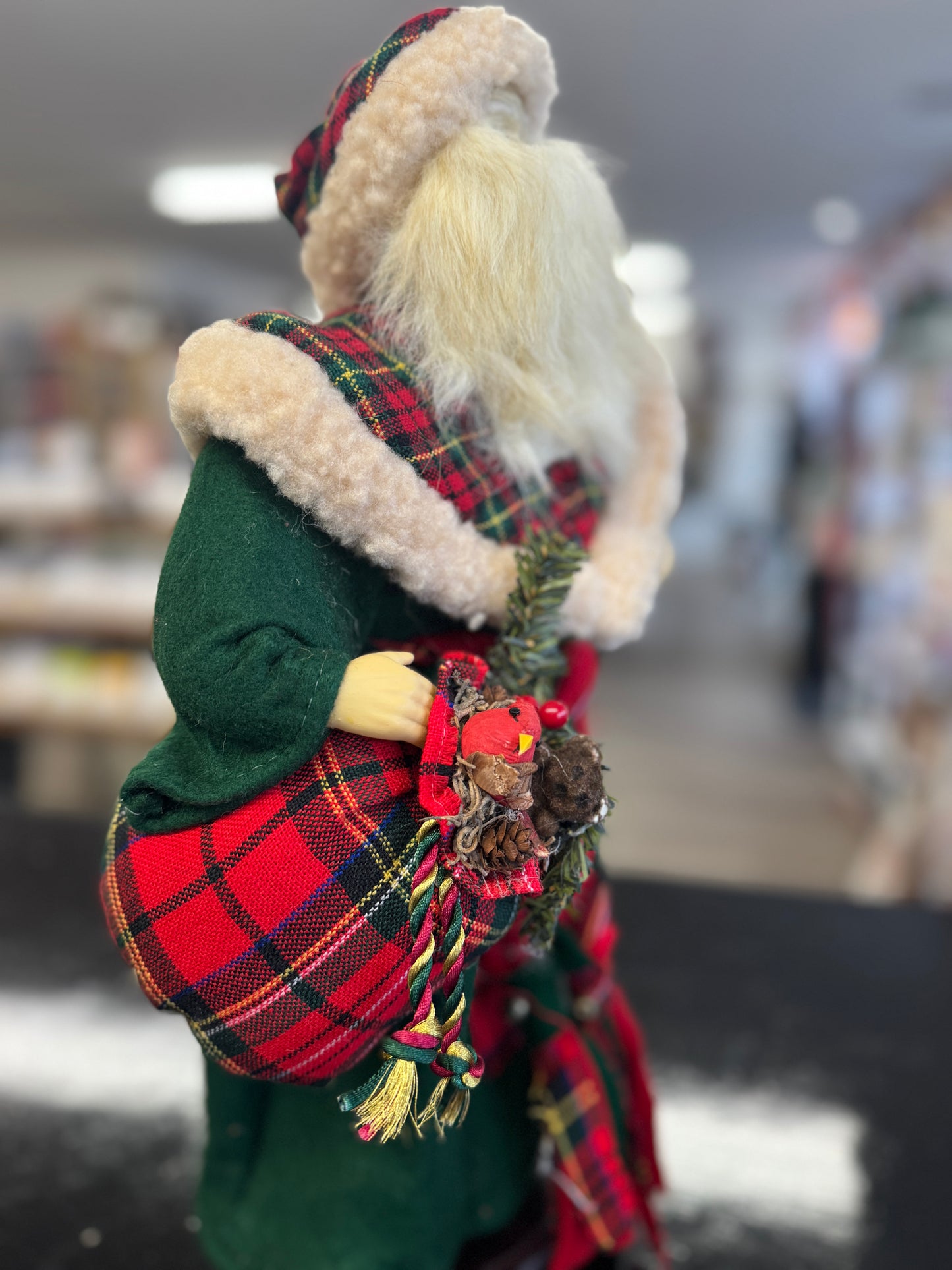 Woodland Santa Figurine with Plaid Coat and Holiday Greens