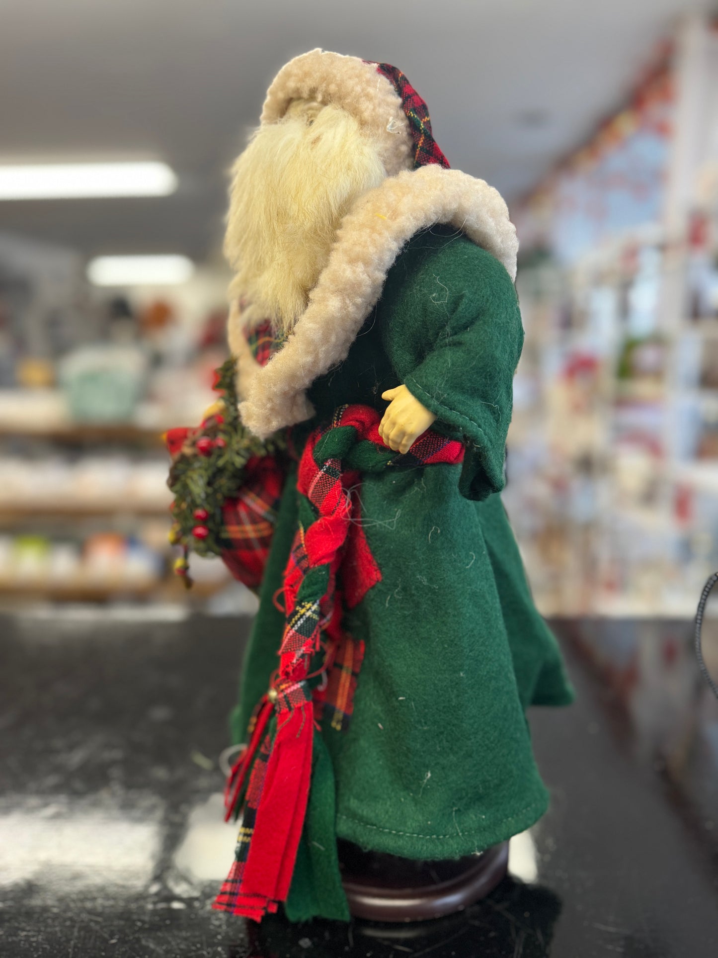 Woodland Santa Figurine with Plaid Coat and Holiday Greens