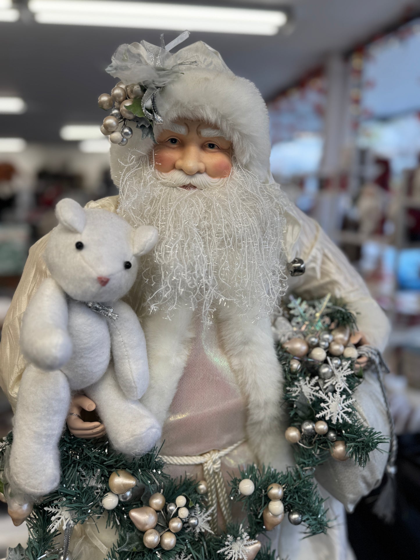 30" Winter Wonderland Santa Figurine in Silver and White