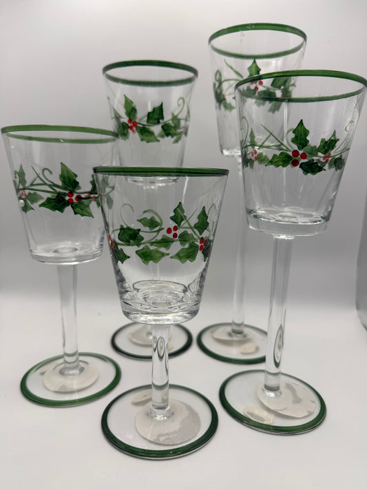 Hand-Painted Holly Christmas Stemmed Votive Candle Holder Set of 5 by TeeTime