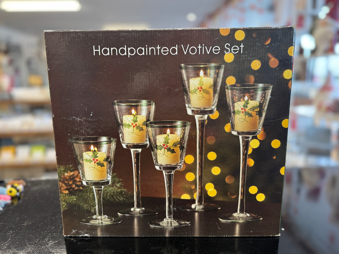 Hand-Painted Holly Christmas Stemmed Votive Candle Holder Set of 5 by TeeTime